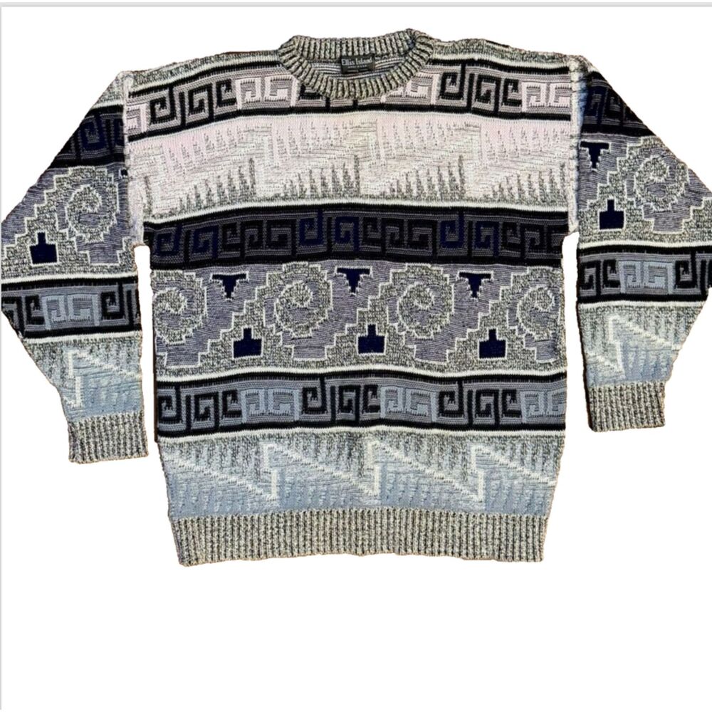 Vtg Men's Ellis Island Sweater Pastel Pink Blue Gray Black Knit Crew Neck Sz L
